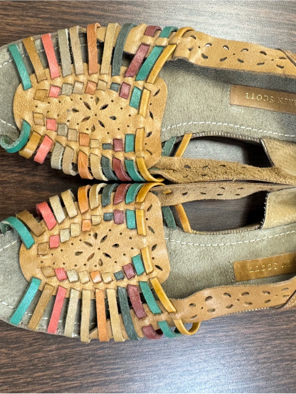 Karen Scott Tan Woven Leather Loafers with Teal, Coral & Mustard Straps